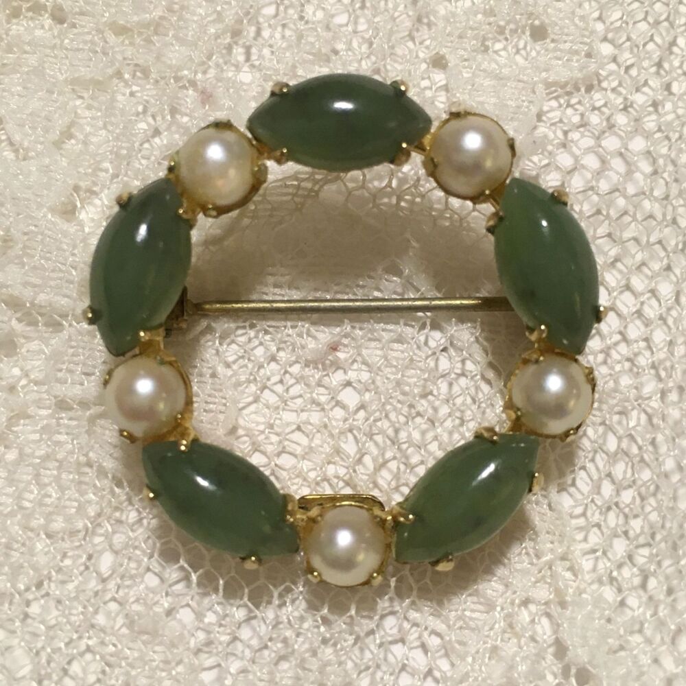 Vintage Sorrento Brooch Gold Filled 1/20 12K GF marked Jade Pearls Spring Brooch